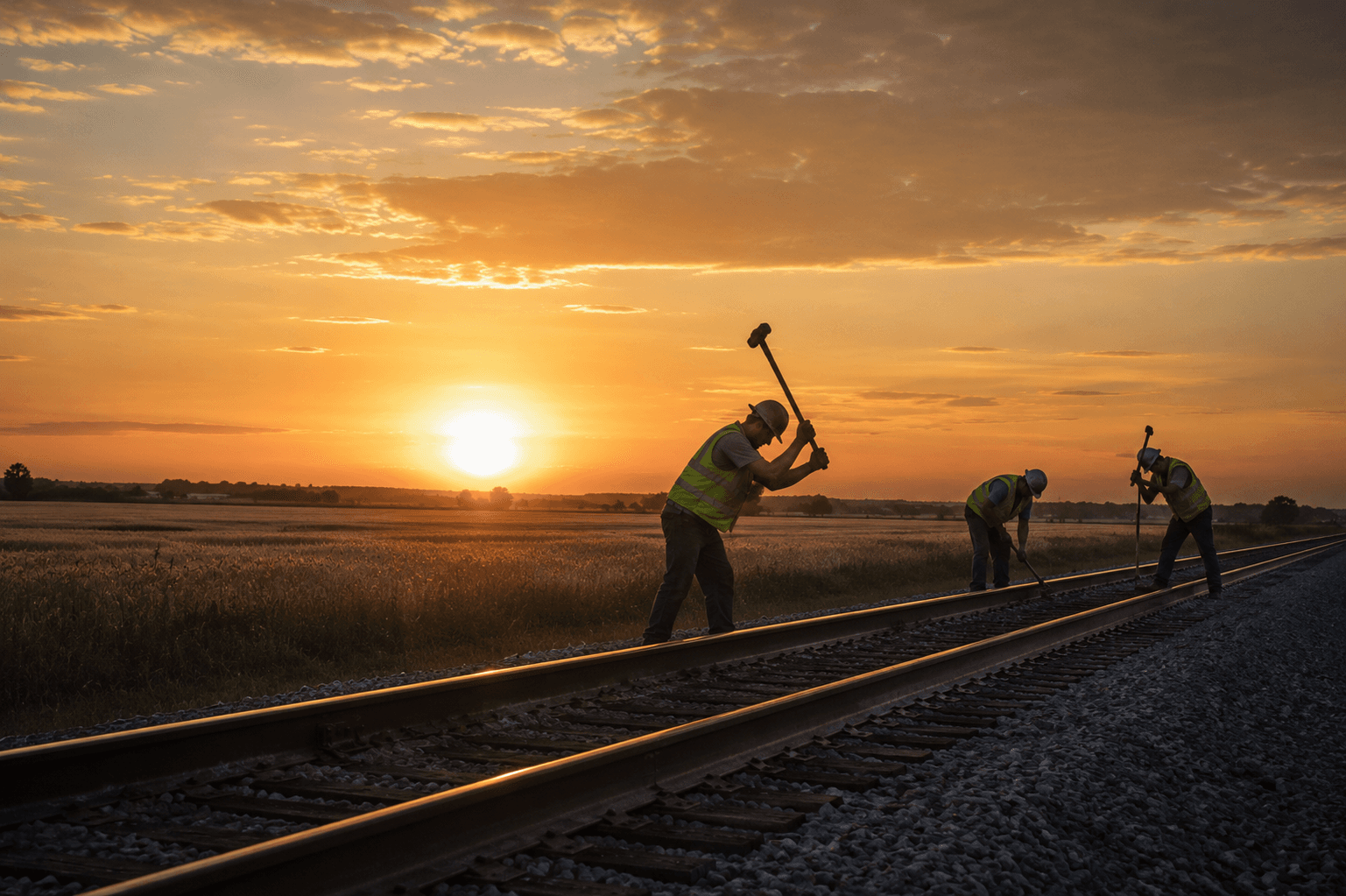 A rail-maintenance crew working a section of track at dawn, mist rising off the gravel ballast, tools and tie plates scattered along the line