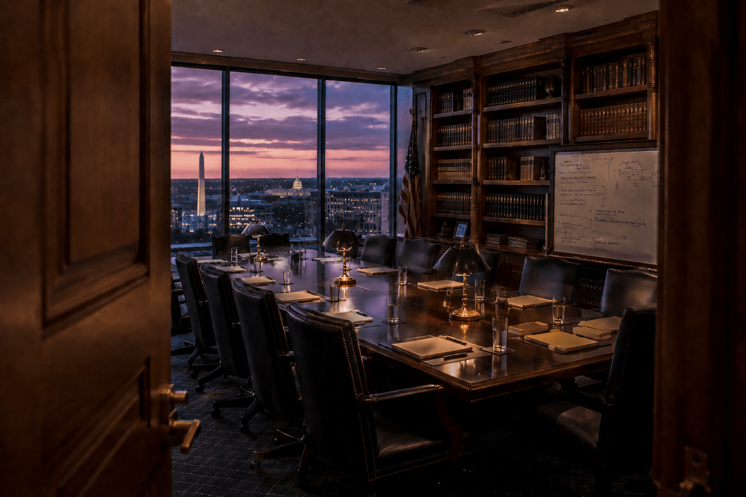 An empty Washington D.C. think tank conference room at dusk, polished mahogany table and abandoned legal pads, city lights through the windows