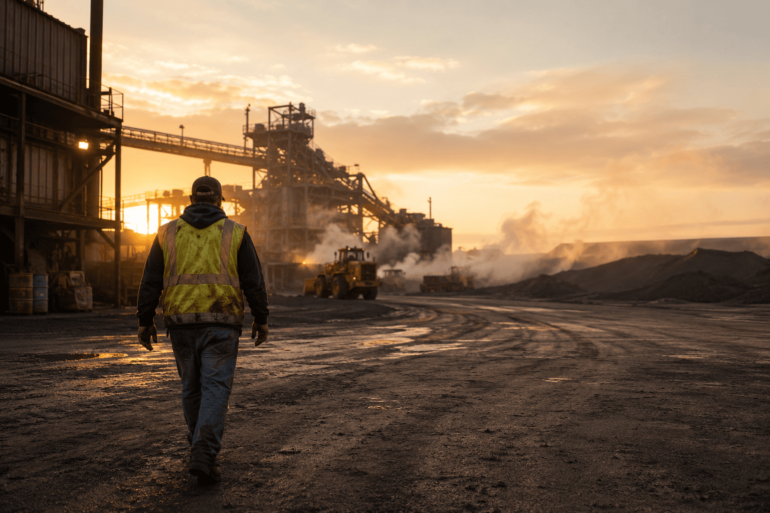 An American industrial worker walking toward a heavy industrial plant at sunrise