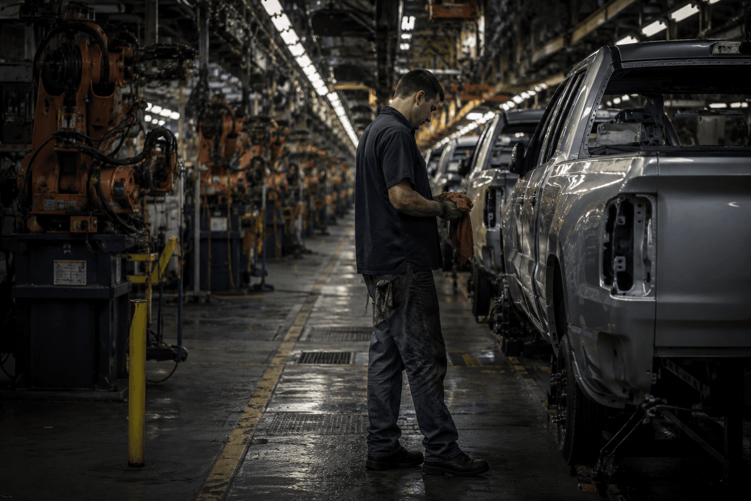 An auto worker on the floor of a Detroit assembly plant, the half-built frame of a vehicle behind him in low industrial light