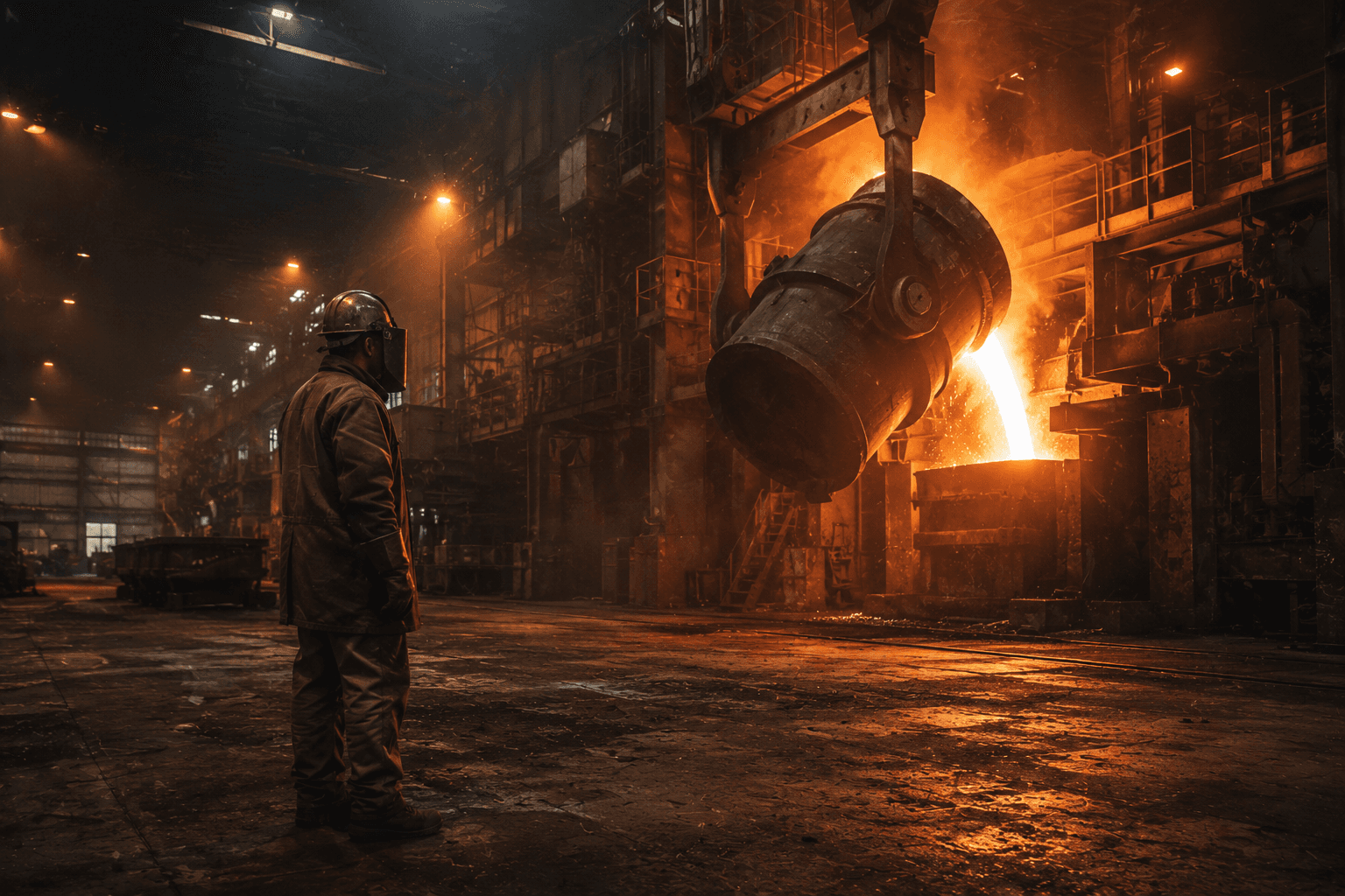 A steelworker walking through a darkened mill at dawn, sparks and steam rising from the furnaces in the background